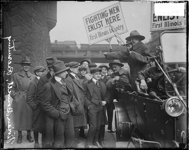 Vivian Boswell, standing in an automobile near the Armory, recruiting for the Army, 1917. (Photo Credit: Chicago Sun-Times/Chicago Daily News collection/Chicago History Museum/Getty Images)
