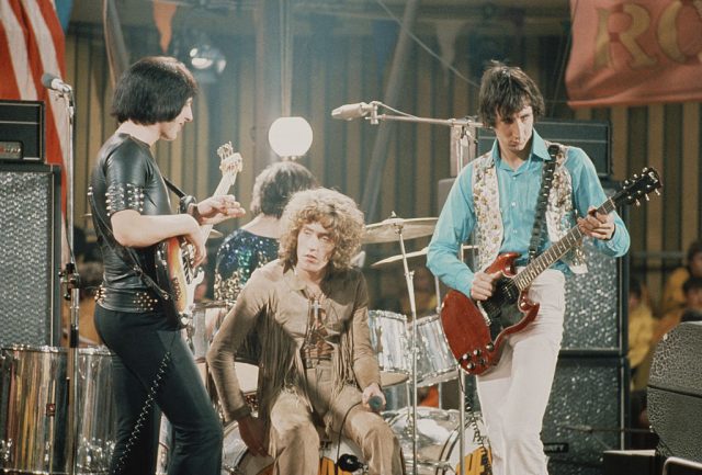 English group The Who pose together on the set of the Rolling Stones Rock and Roll Circus at Intertel TV Studio in Wembley, London on 11th December 1968. Left to right: John Entwistle (1944 – 2002), Keith Moon (1946 – 1978), Roger Daltrey (bottom) and Pete Townshend. (Photo Credit: Mark and Colleen Hayward/Redferns)
