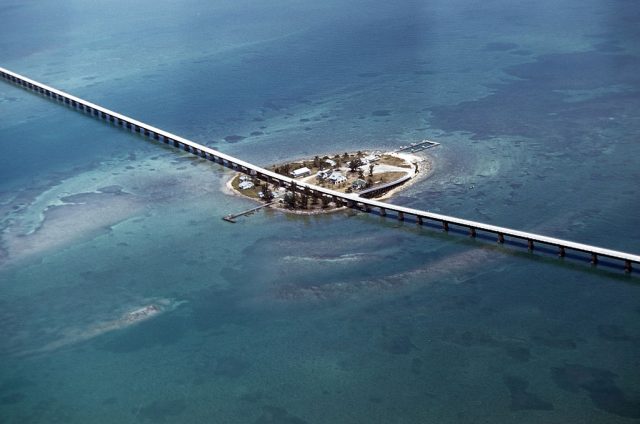CIRCA 1946: An aerial view of the Seven Mile Bridge, part of the Overseas Highway US 1 in the Florida Keys, Florida. (Photo Credit: Ivan Dmitri/Michael Ochs Archives/Getty Images)