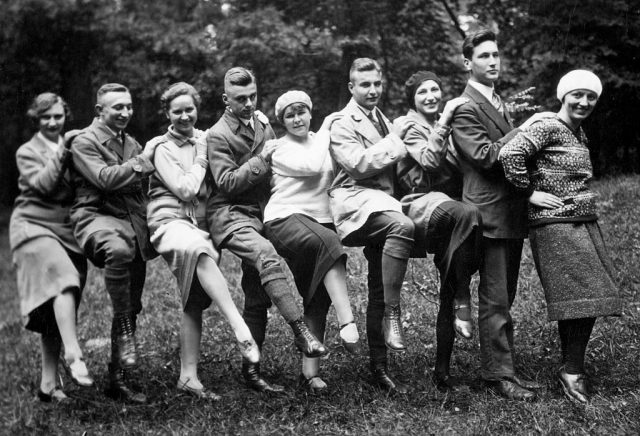 A high stepping dance line is performed by a group of Germans in the mid-20 century. (Photo Credit: Kirn Vintage Stock/Corbis via Getty Images)