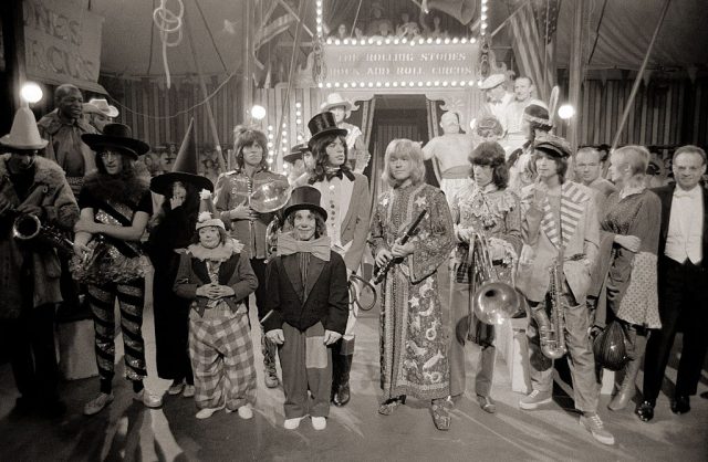 The Rolling Stones Rock ‘n’ Roll Circus TV special, Intertel Studios, Stonebridge Park, 11 December 1968. L-R: Pete Townsend, John Lennon & Yoko Ono, Keith Richards, Charlie Watts, Mick Jagger, Brian Jones, Bill Wyman, Eric Clapton (Photo Credit: Peter Stone/Mirrorpix/Mirrorpix via Getty Images)