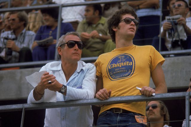 American actor Paul Newman and his son Scott Newman (1950 – 1978) attend the Ontarion 500 automobile race, Ontario, California, September 3, 1972. (Photo by Max B. Miller/Fotos International/Getty Images)