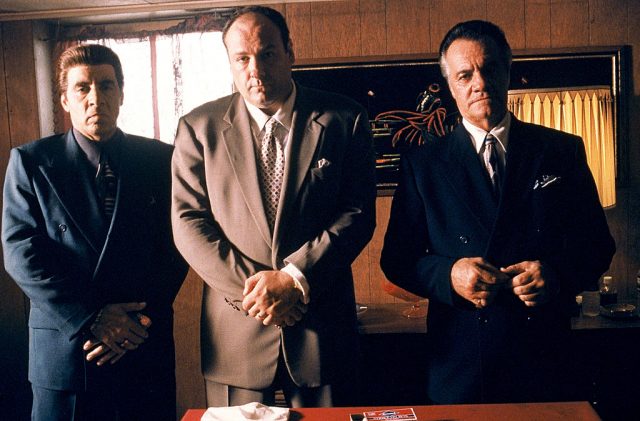 From left to right: Steven Van Zandt as Silvio Dante, James Gandolfini as Tony Soprano and Tony Sirico as Paulie Walnuts star in HBO’s hit television series, “The Sopranos” (Year 3). (Photo Credit: HBO)