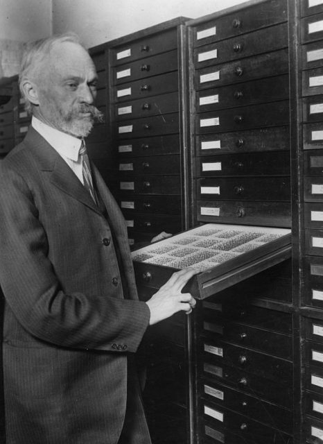 Portrait of Dr. Harrison G Dyar, an American entomologist, showing his collection of 500,000 different kinds of mosquitoes, early to mid 20th century. (Photo Credit: Visual Studies Workshop/Getty Images)
