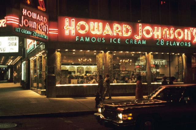 Exterior of Howard Johnson's at night