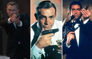 James Bond aiming a handgun + James Bond holding a handgun and a glass of wine + James Bond loading a gun