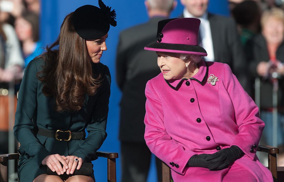 Catherine, Duchess of Cambridge and Queen Elizabeth II (R) during their visit to Leicester on March 8, 2012 in Leicester, England. The royal visit to Leicester marks the first date of Queen Elizabeth II's Diamond Jubilee tour of the UK between March 8 and July 25, 2012. (Photo Credit: Anwar Hussein/WireImage)
