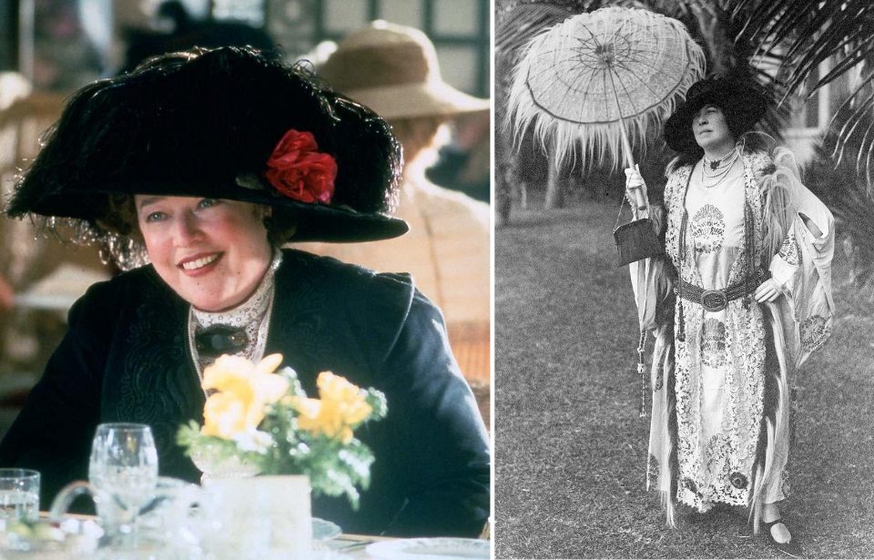 (Left)- Kathy Bates as Molly Brown in Titanic (1997). (Right)- Molly Brown, circa 1927. (Photo Credit: Paramount Pictures/ Twentieth Century Fox/ MovieStills DB and Bettmann/ Getty Images) 