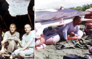 John Glenn and Neil Armstrong sitting on the ground + Neil Armstrong sitting beneath a makeshift tent in the desert