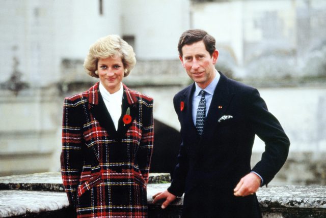 Princess Diana wearing a plaid tweed coat 