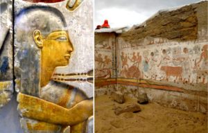 Depiction of Ramses II + Ancient Egyptian tomb with art on its walls