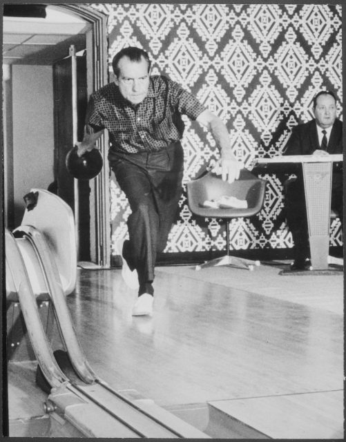 Richard M. Nixon using the White House bowling alley (Photo Credit: Schumacher, Karl H., Photographer – U.S. National Archives and Records Administration, Public Domain)