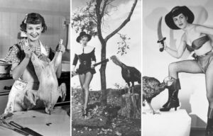 Anne Shirley standing with a turkey + Marilyn Monroe sneaking up on a turkey + Flo Bondi standing above a turkey while holding a sword