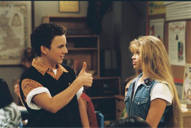 Cory Matthews holding a thumbs up to Topanga Lawrence