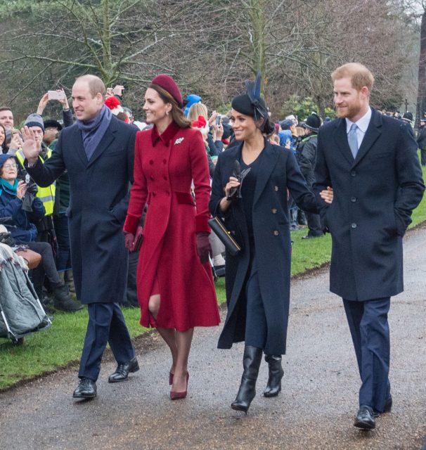 Prince William, Duke of Cambridge, Catherine, Duchess of Cambridge, Meghan, Duchess of Sussex and Prince Harry, Duke of Sussex attend Christmas Day Church service