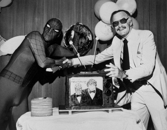 It was a touching moment for both father and son when Marvel comics Group’s publisher Stan Lee and his offspring the Amazing Spiderman got together to celebrate the opening of Marvel Productions Ltd., a new television Group. (Photo Credit: Bettmann Archive/Getty Images)