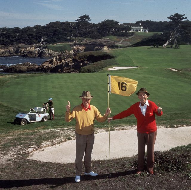 At the 16th hole on Pebble Beach golf course are Bing Crosby and A Thomas Taylor.