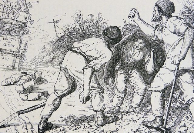 Road menders shaking their fists at the retreating coach of Rugby School boys who have bombarded them with peashooters. Illustration for 1869 edition of ‘Tom Brown’s Schooldays by Thomas Hughes. Original edition 1857. (Photo by, Universal History Archive/Universal Images Group via Getty Images)