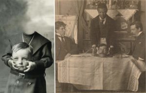 Male child holding his head in his hands + Servant serving his master's head on a platter