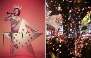 Debbie Reynolds sitting on a star-shaped clock + New Year's Eve celebration in Times Square