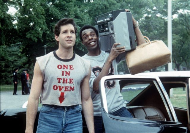Steve Guttenberg and Michael Winslow as Carey Mahoney and Larvelle Jones in 'The Police Academy'
