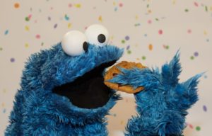 Cookie Monster poses for photographs while eating a cookie