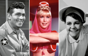 Andy Taylor with his arms crossed + Jeannie with her arms crossed + Sister Bertrille holding her arms out