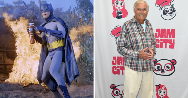 Batman holding a fire extinguisher + Adam West standing with his hands clasped