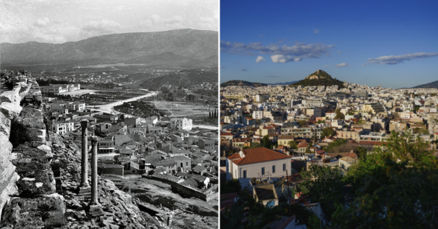 Aerial view of Athens in 1900 + Aerial view of Athens in 2021