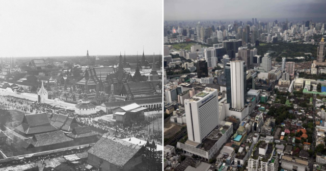 Aerial view of Bangkok in 1900 + Aerial view of Bangkok in 2021