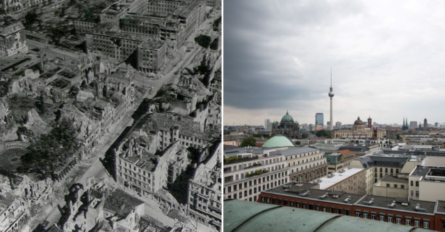Aerial view of Berlin following the Allied bombings in World War II + Berlin skyline in 2021