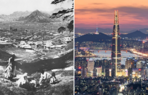 Women on a hillside outside of Seoul in 1900 + Seoul cityscape in 2018