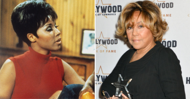 Julia Baker looking to the side + Diahann Carroll holding her Mary Pickford Award
