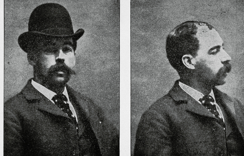 Two portraits (one a profile) of American pharmacist and convicted serial killer Herman Webster Mudgett (better known by his alias H.H. Holmes, 1861 - 1896), mid to late 1890s. Holmes built the World's Fair Hotel (labelled as 'Holmes' 'Castle',' but also known as the 'Murder Castle,' after it's actual purpose became known) (on W. 63rd Street) as a structure to lure his, mostly female, victims from the World's Columbian Exposition, then occuring in Chicago. The interior was a mazelike, with rooms for torturing his captive victims, as well as both a lime pit and furances in the basement, which were used to dispose of the bodies. Holmes was convicted of four murders, but he confessed to 27 and there was widespread, and credible, speculation that he could have been responsible for several hundred. The photo originally appeared in the book 'The Holmes-Pitezel Case, a History of the Greatest Crime of the Century' (by Frank P. Geyer). (Photo by Chicago History Museum/Getty Images)