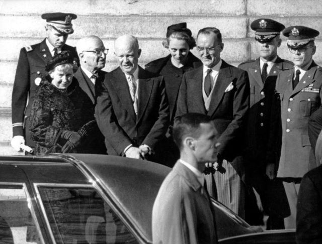 John F. Kennedy’s funeral: (l-r) Mamie Eisenhower, Harry S. Truman, Dwight D. Eisenhower and Mrs. Clifton Daniel (Margaret Truman) shortly after the mourning ceremony in St. Matthews Cathedral in Washington for 35th US president John F. Kennedy, who was assassinated on 22 November 1963. (Photo Credit: Schulman-Sachs/picture alliance via Getty Images)