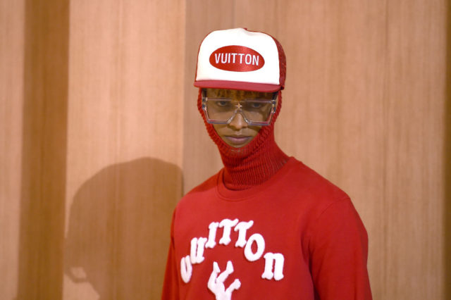 Red Louis Vuitton balaclava on the runway
