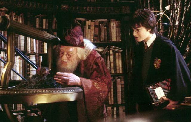 Albus Dumbledore and Harry Potter looking at a newly-reborn Fawkes the Phoenix