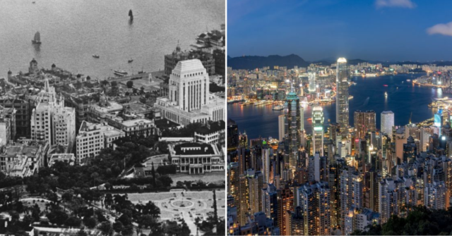 Aerial view of Hong Kong in 1940 + Aerial view of Hong Kong in 2021