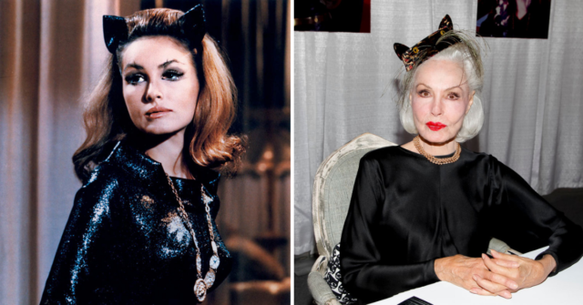 Catwoman looking to the side + Julie Newmar sitting at a table