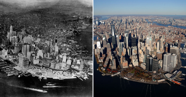 Aerial view of Manhattan in 1926 + Aerial view of Manhattan in 2021