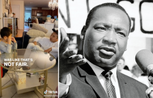 Chris Cho sitting around a glass coffee table with his nephew + Martin Luther King Jr. standing with his arm outstretched