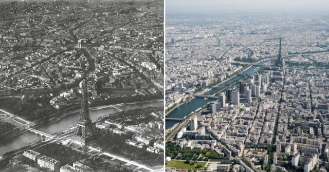 Aerial view of the Eiffel Tower in 1920 + Aerial view of France in 2021