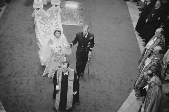 Aerial view of Queen Elizabeth II and Prince Philip walking down the aisle