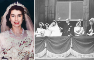Portrait of Queen Elizabeth II in her wedding dress + Queen Elizabeth II, Prince Philip and other members of the Royal family standing on the balcony of Buckingham Palace