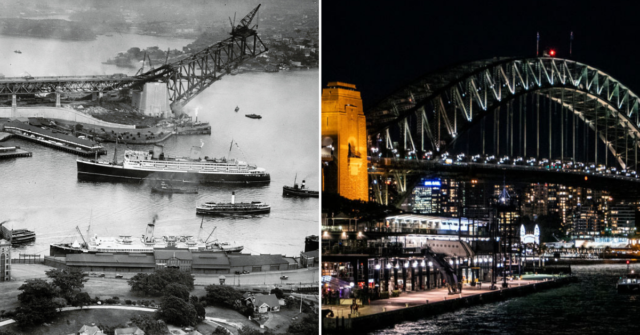 Aerial view of Sydney Harbour Bridge being constructed in 1930 + Sydney Harbour Bridge at night