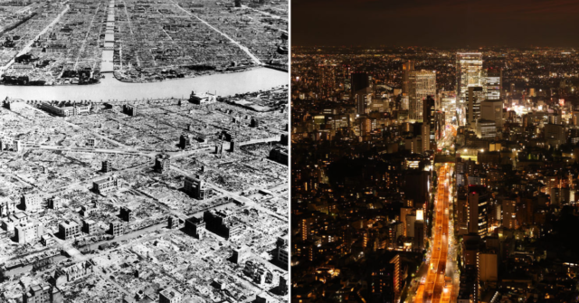 Aerial view of Tokyo after American bombings in 1945 + Tokyo skyline in 2021