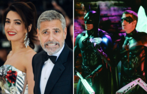 Amal and George Clooney walking a red carpet + Still from 'Batman & Robin'