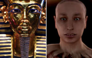 King Tut's mask next to his face