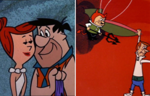 Wilma and Fred Flintstone standing together + George Jetson hanging from his flying car