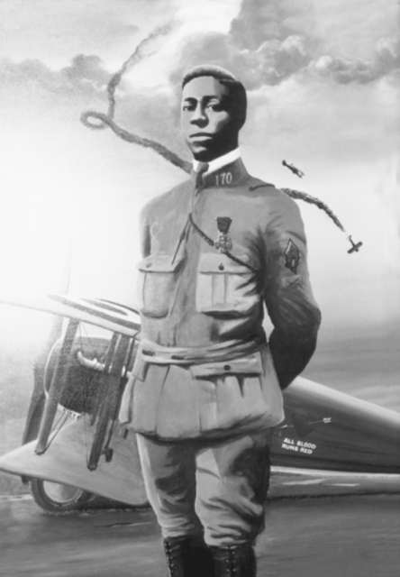 Eugene Bullard standing in uniform, in front of an airplane